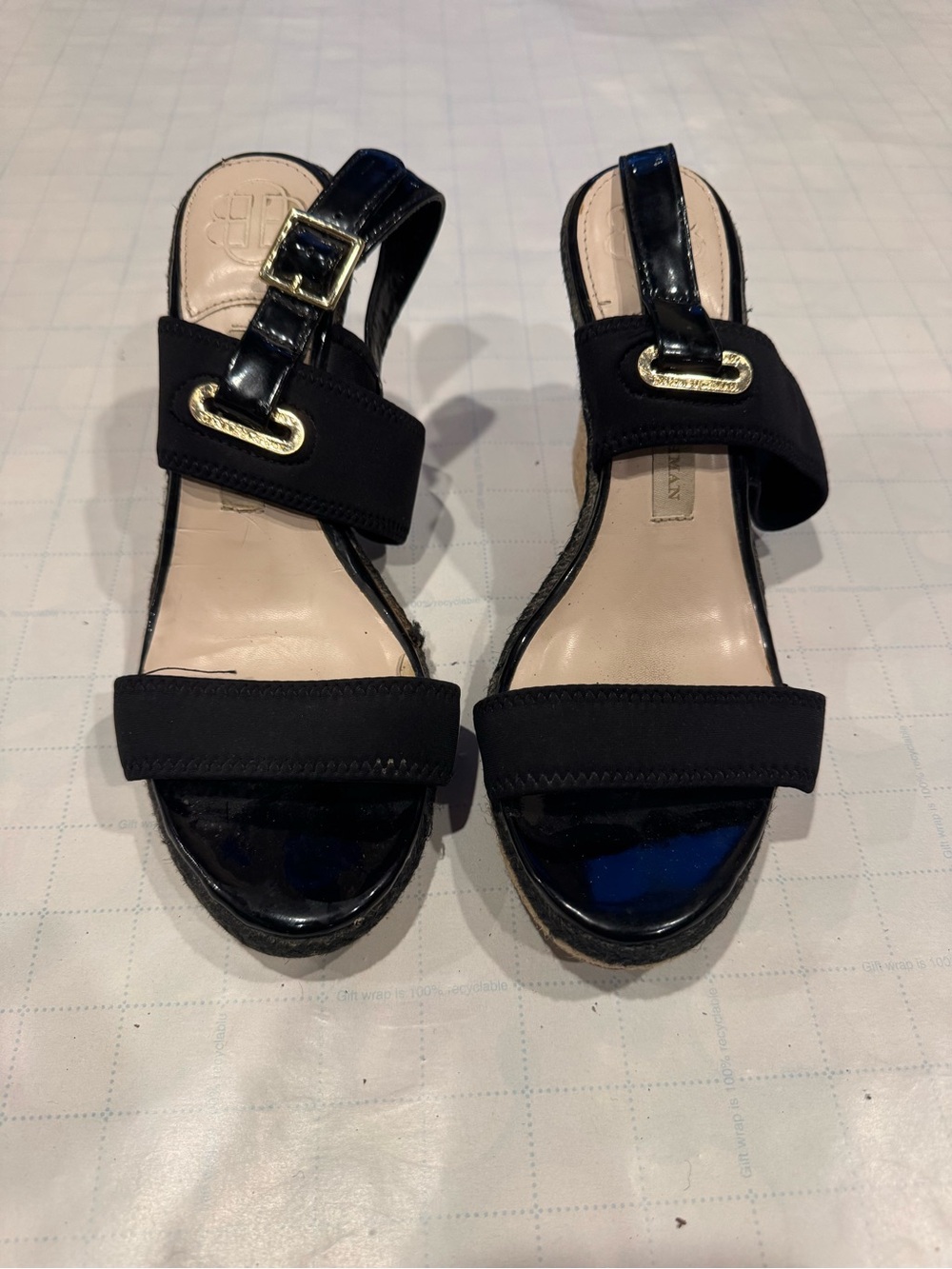 Dana Buchman Black Patent and Fabric Slingback Sandals with Gold Trim